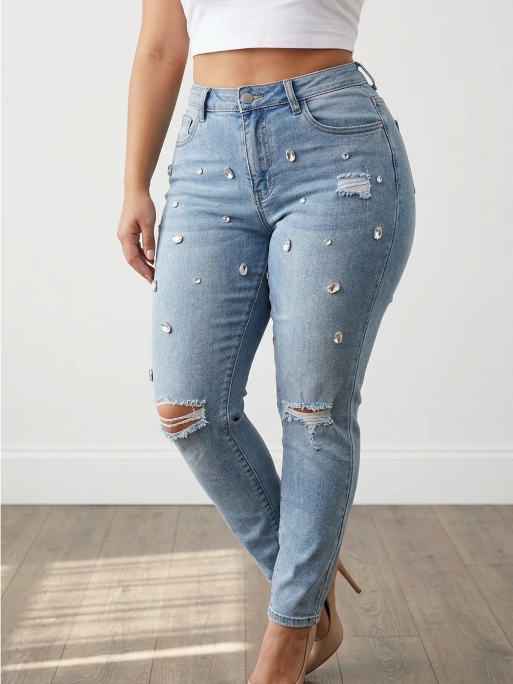 Embellished Light Blue Distressed High-Rise Women’s Jeans
